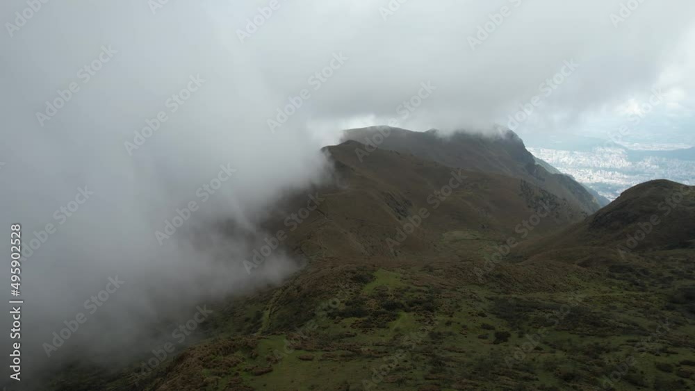 Rucu Pichincha Volcano Hills and Slopes Under Clouds, Drone Aerial View, Quito, Ecuador Rucu Pichincha Volcano Hills and Slopes Under Clouds, Drone Aerial View, Quito, Ecuador