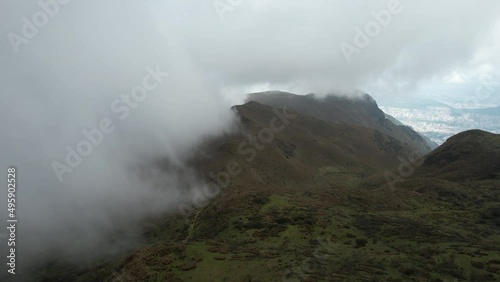 Rucu Pichincha Volcano Hills and Slopes Under Clouds, Drone Aerial View, Quito, Ecuador