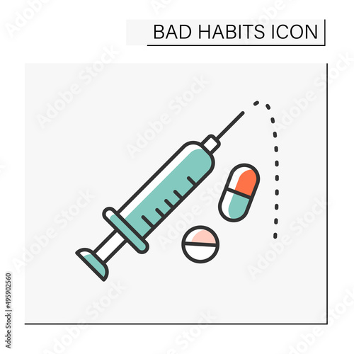 Drug injections color icon. Intravenous drug abuse. Unhealthy addiction. Narcotic.Bad habits concept. Isolated vector illustration