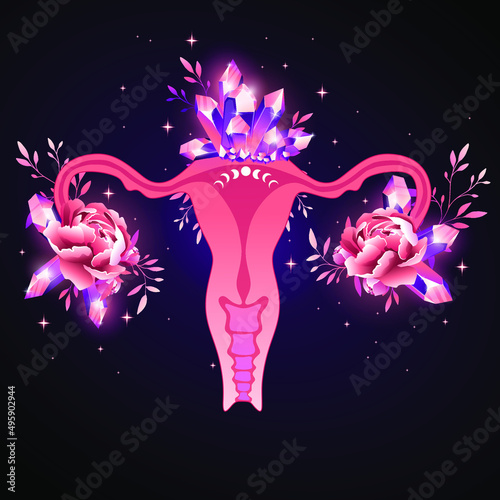 Beauty female reproductive system with flowers and crystals. Hand drawn uterus, womb female reproductive sex organ and flowers.Vector illustration.