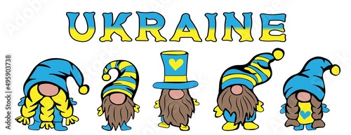 Set of cute gnomes in colors of flag of Ukraine. Hand drawn vector illustration