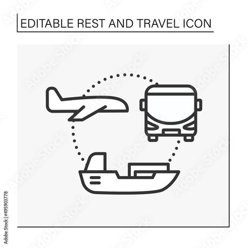 Tourism line icon. Comfortable types of movement. Bus, airplane and ship. Journey. Rest and travel concept. Isolated vector illustration. Editable stroke