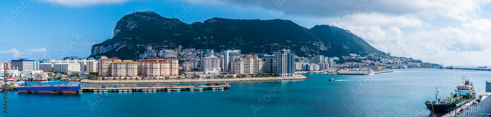 A panorama view inside the outer harbour towards Gibraltar on a spring day