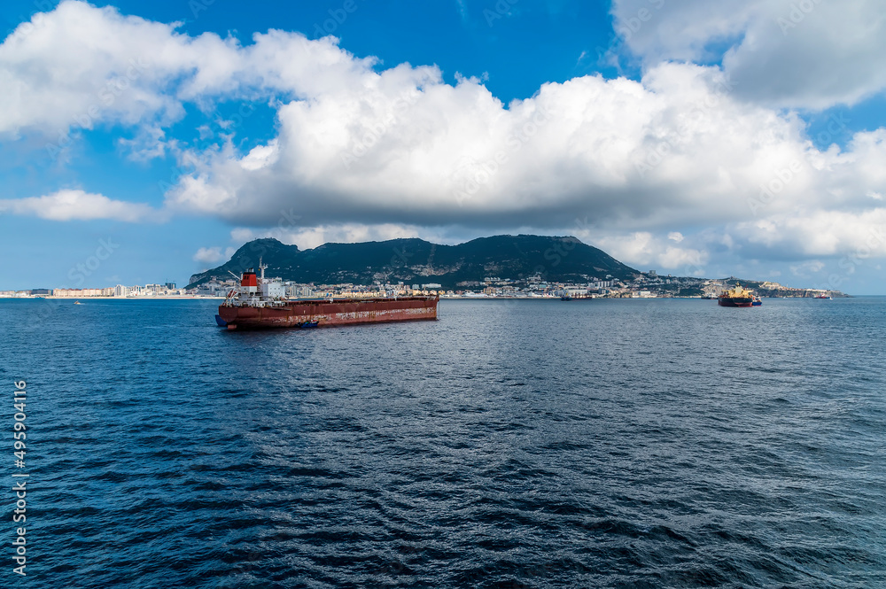 A view of vessels moored in Gibraltar Bay on a spring day