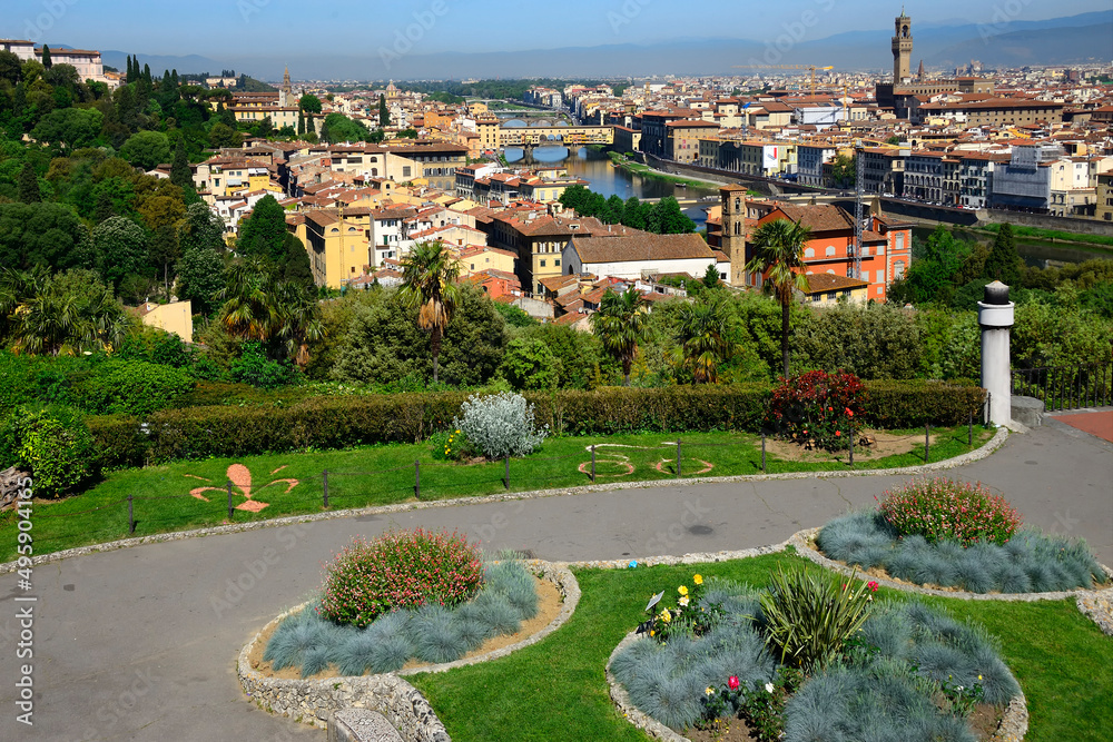 Florence, Florence Province, Tuscany, Italy. View from Piazzale Michelangelo for historic part and bridges across Arno river,  Ponte Vecchio in foreground, UNESCO, World Heritage site
