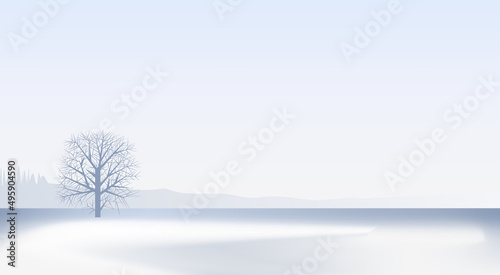 Winter landscape with a lonely tree on the horizon.