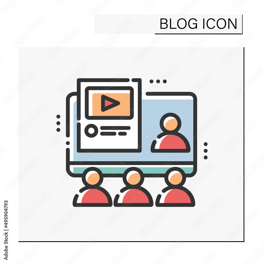 Blogging course color icon. Vlog. Online conference, meeting. Blogging workshop. Thematic internet community. Social media. Blogging and broadcasting. Isolated vector illustration Blogging course color icon. Vlog. Online conference, meeting. Blogging workshop. Thematic internet community. Social media. Blogging and broadcasting. Isolated vector illustration