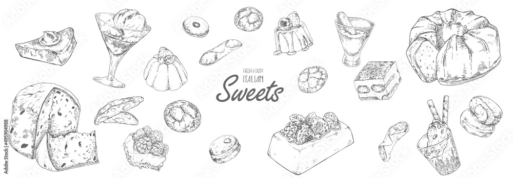 Hand drawn vector italian dessert, sweets set Hand drawn vector italian dessert, sweets set