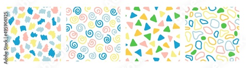 Colorful seamless pattern set with hand drawn abstract shapes. Trendy vector background. Fresh modern geo print