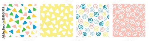 Colorful seamless pattern set with hand drawn abstract shapes. Trendy vector background. Fresh modern geo print