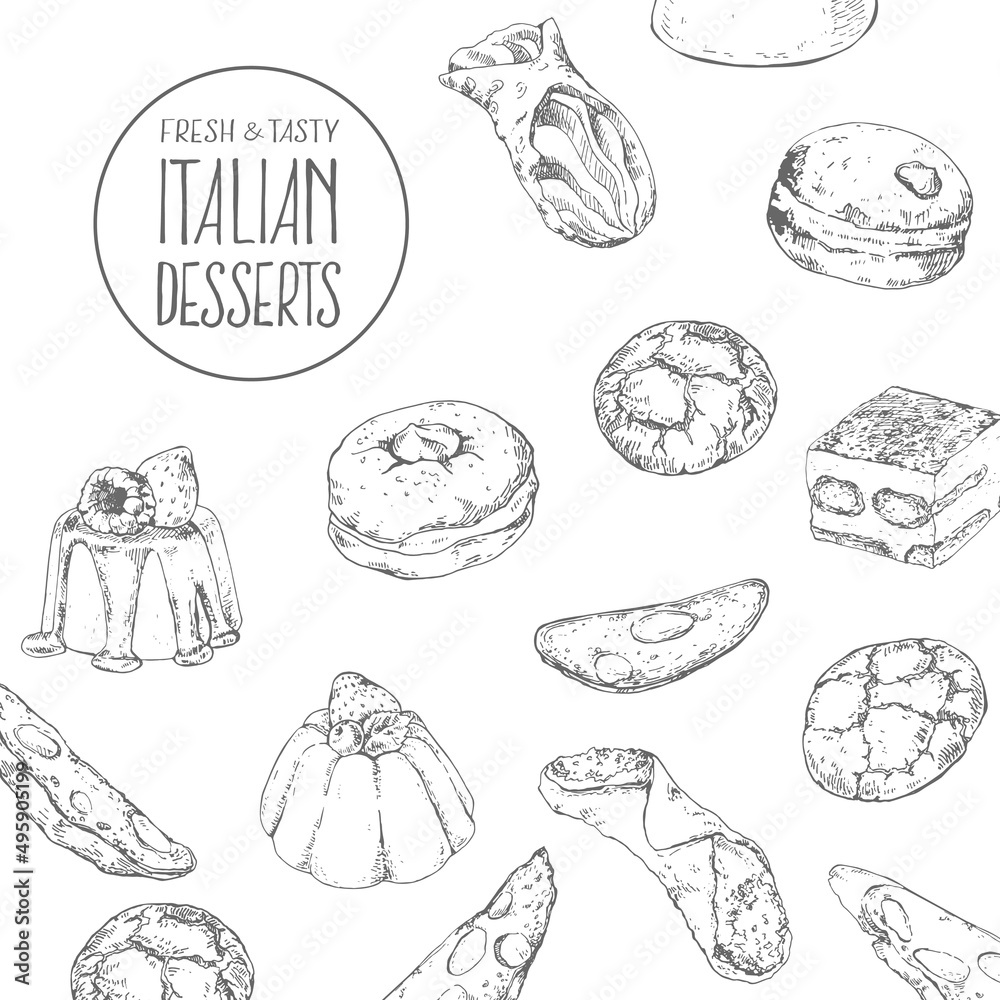 Hand drawn vector italian dessert, sweets set