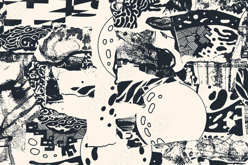 Hand Drawn Abstract Psychedelic Background with torn paper collage and handmade graphic elements.. Vector Illustration