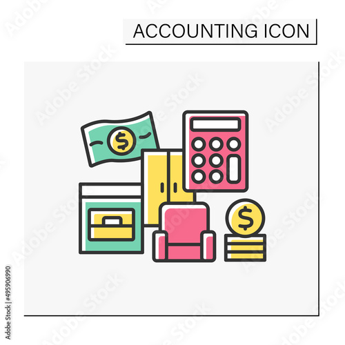 Tangible assets color icon. Furniture, fixtures, and equipment. Valuing, selling, or liquidating company or building. Accounting concept. Isolated vector illustration