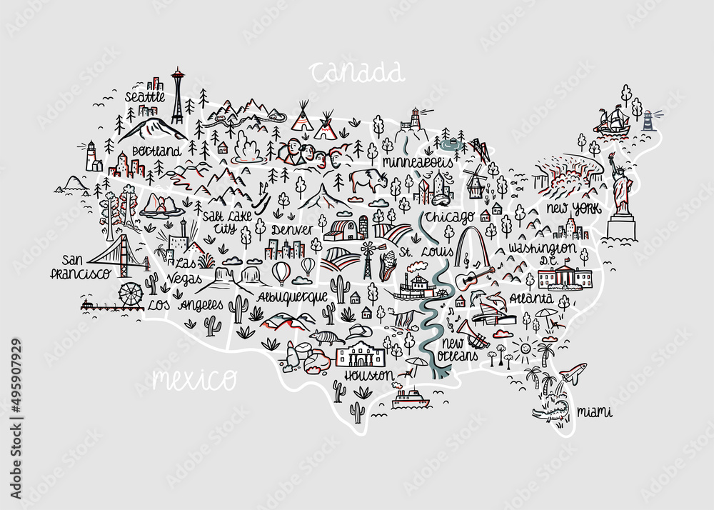 Fototapeta premium Cute hand drawn map of the USA, landmarks, national parks, cities, landscapes, great for banners, wallpapers, prints, postcards - vector design