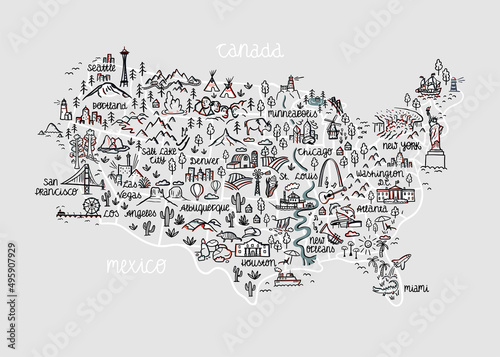 Cute hand drawn map of the USA, landmarks, national parks, cities, landscapes, great for banners, wallpapers, prints, postcards - vector design