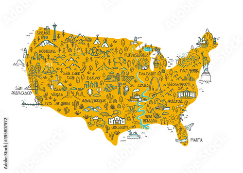Cute hand drawn map of the USA, landmarks, national parks, cities, landscapes, great for banners, wallpapers, prints, postcards - vector design