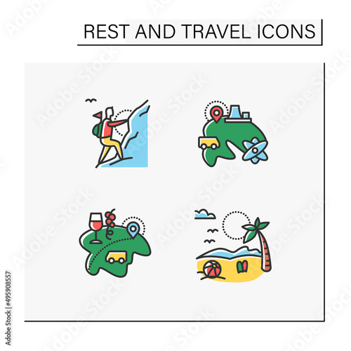 Types of rest and tourism color icons set. Mountaineering, seaside resort, enotourism and atomic tourism. Adventures, recreation and pleasure. Tourism types concept. Isolated vector illustrations © Antstudio