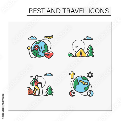 Types of rest and tourism color icons set. Health and religious tourism, trekking and camping. Adventures, recreation and pleasure. Tourism types concept. Isolated vector illustrations