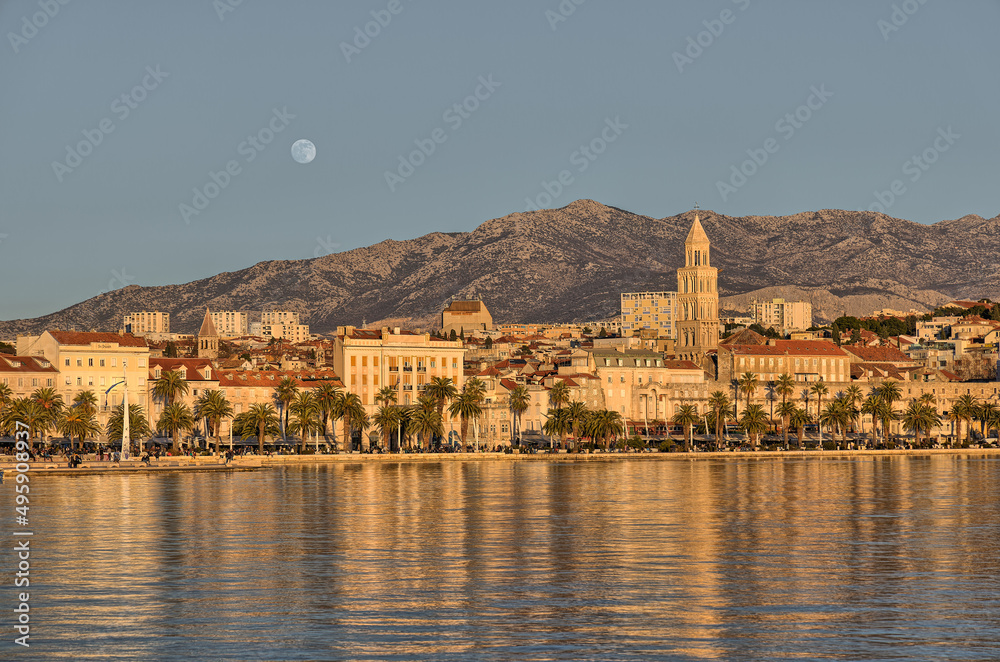 Panorama at sunset of the city Split