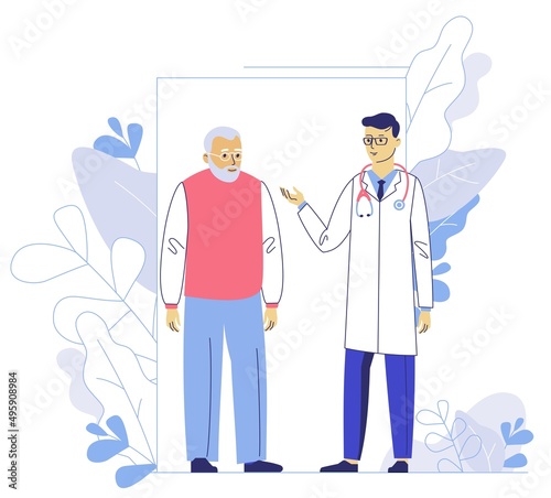 Medicine concept with doctor and old patient on plant background.