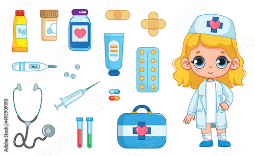 Doctor's medical items set, cute girl in nurse costume, medicines, stethoscope, pills, thermometer, ointment. Vector illustration in cartoon childish style. Isolated funny clipart isolate