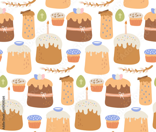 Easter seamless pattern elements cake egg willow