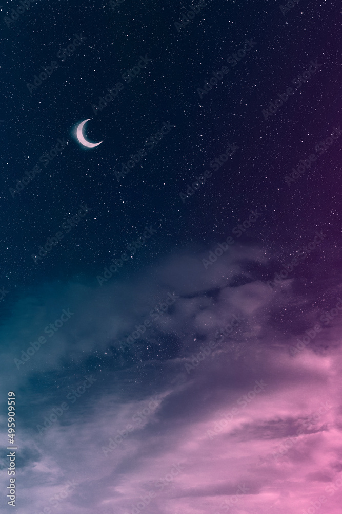 Ταπετσαρία moon and stars over the clouds, night sky fantasy background