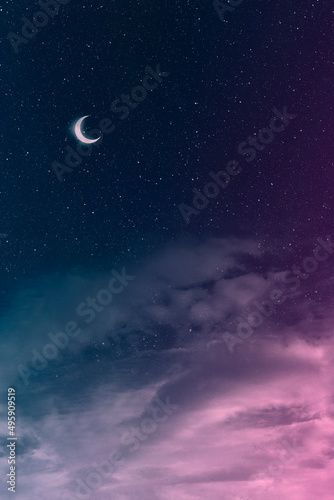 Photography moon and stars over the clouds, night sky fantasy background