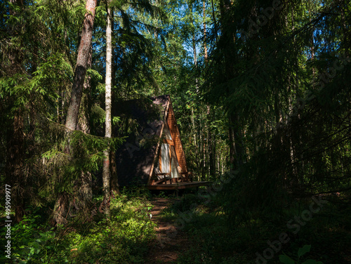 forest house for rest in the summer forest. glamping in the forest