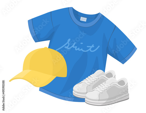 メンズ, ユニセックスなファッションイラスト. 青いTシャツと黄色い帽子, 白いスニーカー. 
