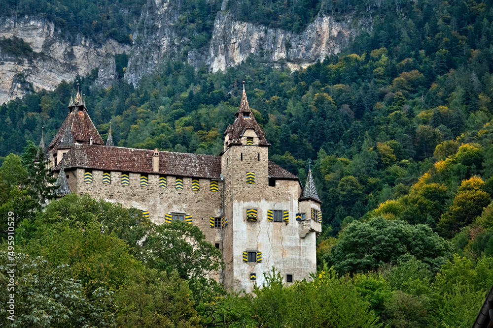 The imposing medieval walls of Enn Castle. Montagna/Montan, Bolzano province, Trentino Alto-Adige, Italy, Europe.