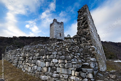 The keep and ruined walls of Restor Castle. Duvredo, Comano Terme, Trento province, Trentino Alto-Adige, Italy, Europe.  photo