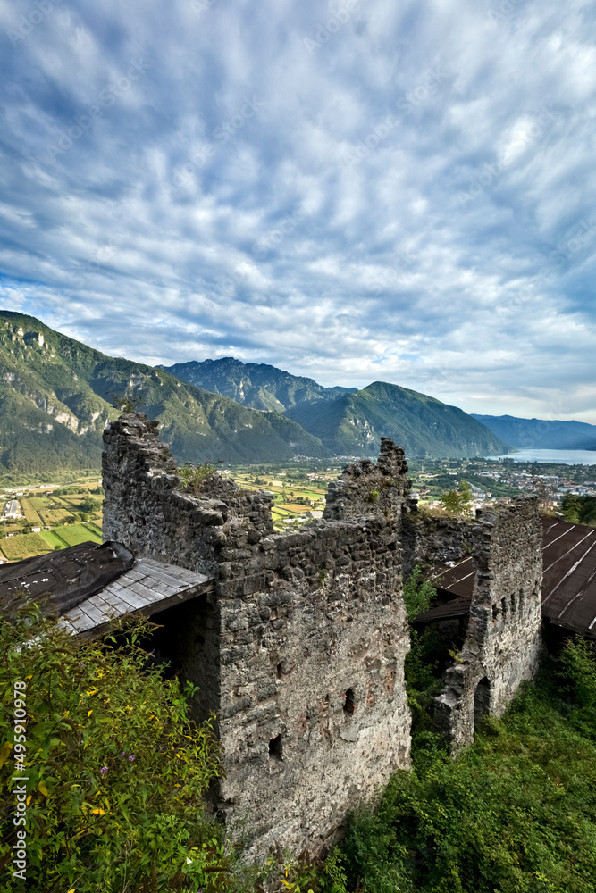 The crumbling walls of the Santa Barbara Castle were the home of the mighty Lodron dynasty. Lodrone, Giudicarie, Trento province, Trentino Alto-Adige, Italy, Europe. 