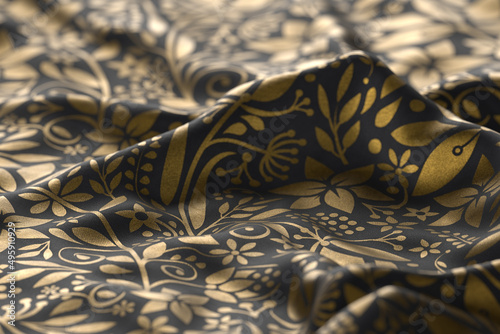 Pleated fabric with a golden floral pattern