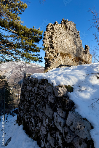 The crumbling walls of the Mani Castle. San Lorenzo in Banale, Giudicarie, Trentino, Italy. photo
