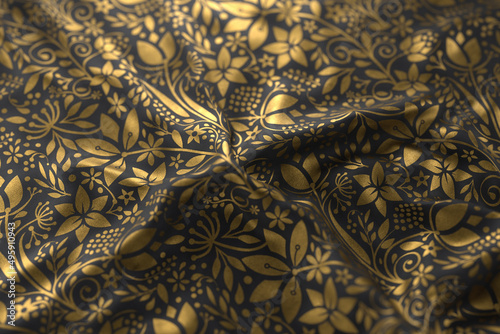 Pleated fabric with a golden floral pattern