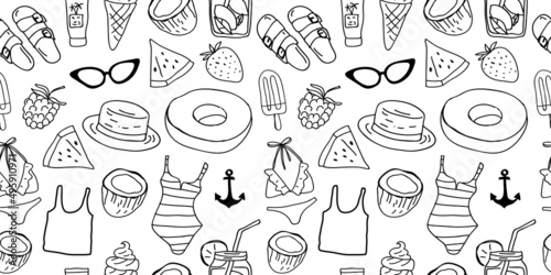 Summer seamless pattern with hand drawn doodles. Good for prints, textile, backgrounds, wallpaper, wrapping paper, packaging, coloring pages, etc.