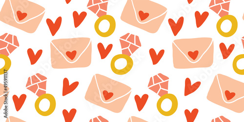 Seamless vector flat hearts pattern. Valentine's day background. Flat design. Endless chaotic texture of romantic elements. Hearts, letter, envelope.