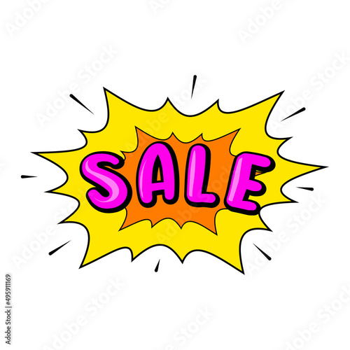 Comics style sale lettering. Discount promotion banner in comic pop art style. Advertising tag with sale lettering and explosion. Isolated on white background. Vector illustration.
