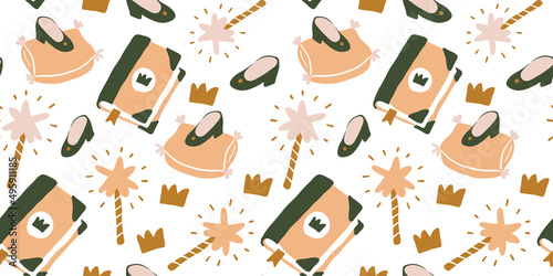 Cinderella seamless pattern. A fairy-tale shoe, magic wand, a crown, a crystal slipper on white background. Inscription. Once upon a time. Stock illustration.