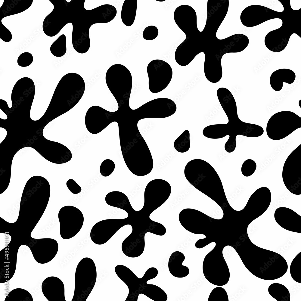 Organic blob spot seamless pattern. Organic irregular shapes black blobs. Abstract pebble silhouettes, blotch and inkblot. Simple liquid splodge elements water forms. Vector minimal bubble. Organic blob spot seamless pattern. Organic irregular shapes black blobs. Abstract pebble silhouettes, blotch and inkblot. Simple liquid splodge elements water forms. Vector minimal bubble.