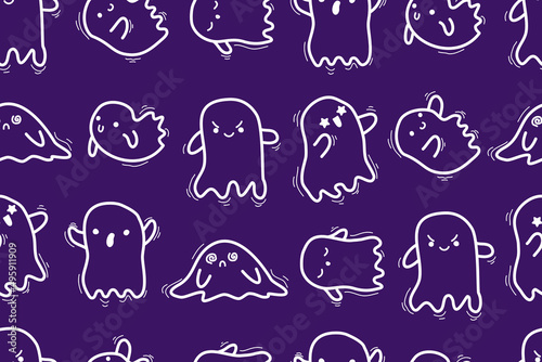 Halloween ghosts seamless pattern. Doodle cute kawaii halloween spirit background. Vector flat cartoon illustration.