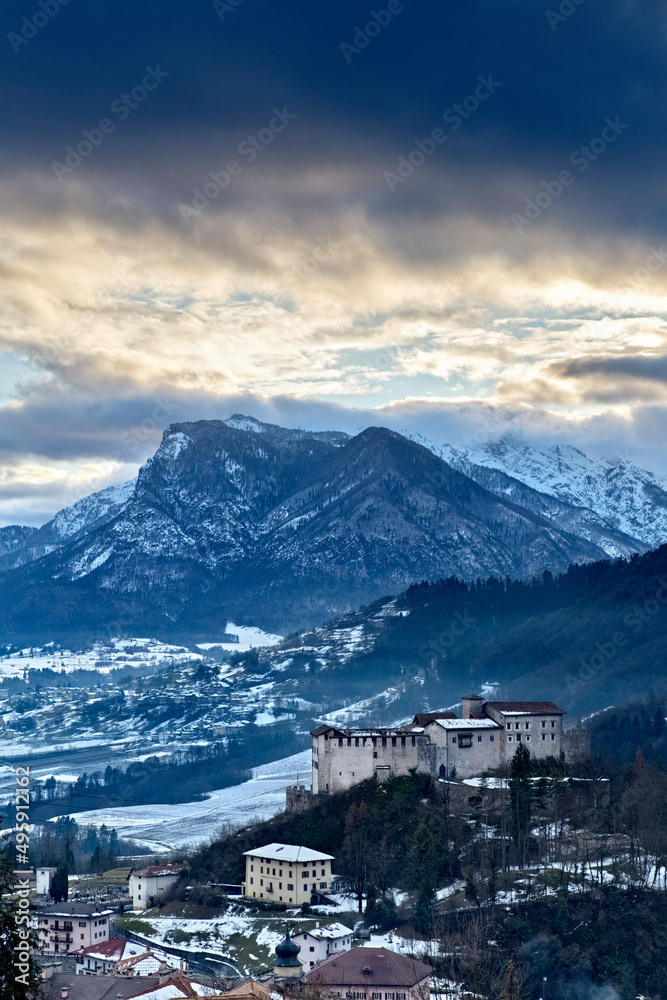The medieval mountain fortress of Stenico. Giudicarie, Trento province, Trentino Alto-Adige, Italy, Europe.