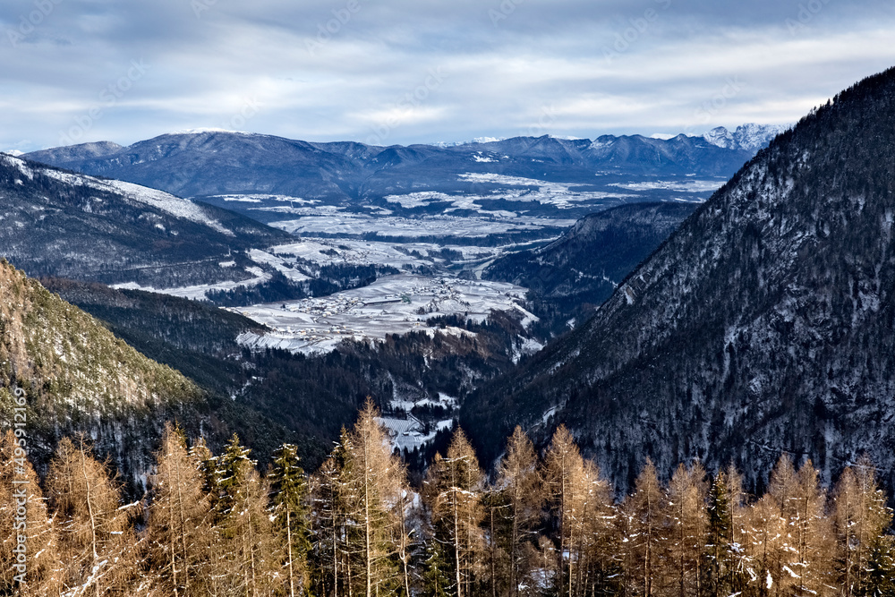 The Non valley and the Altaguardia woods in the foreground. Bresimo, Trento province, Trentino Alto-Adige, Italy, Europe.