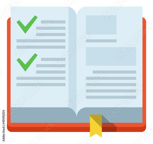 Open book with green check marks on pages. Complete study concept