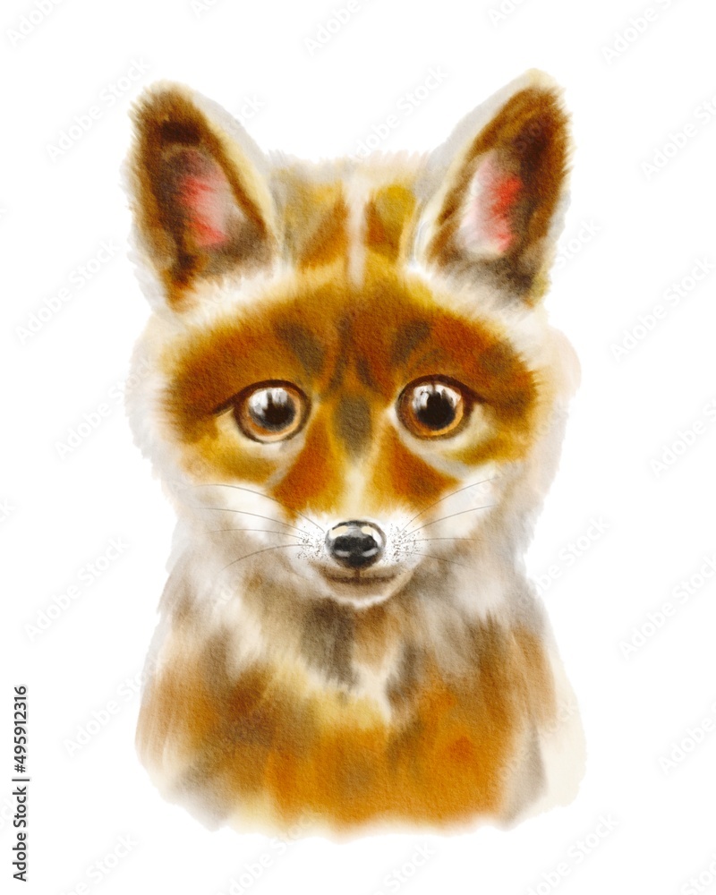 Watercolor baby animal – fox. Cute cartoon cub illustration. Вirthday, newborn, kid, child.