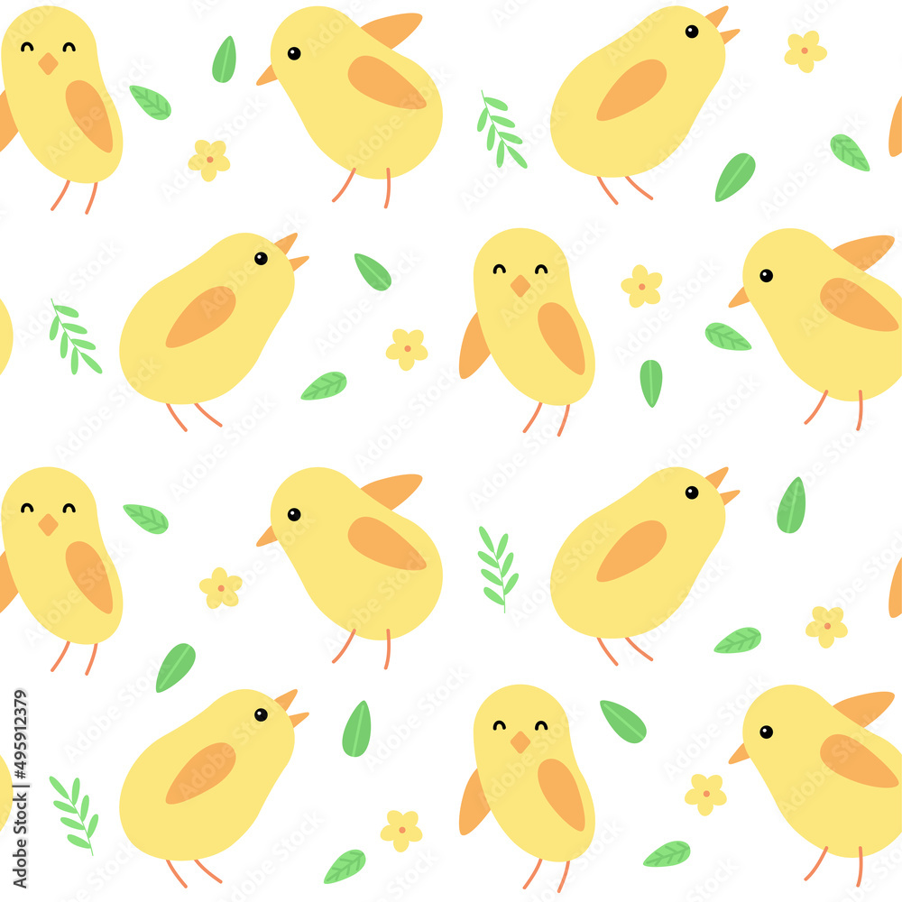 Spring seamless pattern with cute chickens. Vector illustration.