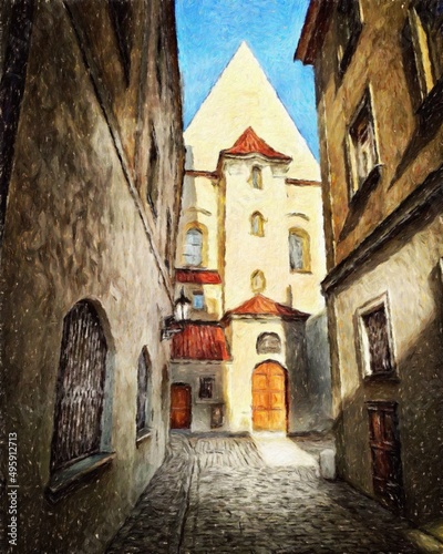 Fototapeta Naklejka Na Ścianę i Meble -  Digital painting modern artistic artwork, Prague Czechia, drawing in oil European famous old street view, beautiful old vintage houses, design print for canvas or paper poster, touristic production