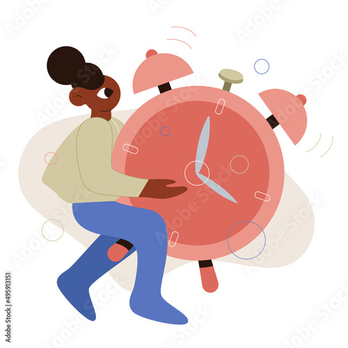 Vector flat cartoon illustration. The girl carries an alarm clock. Morning awakening. Be late for school.