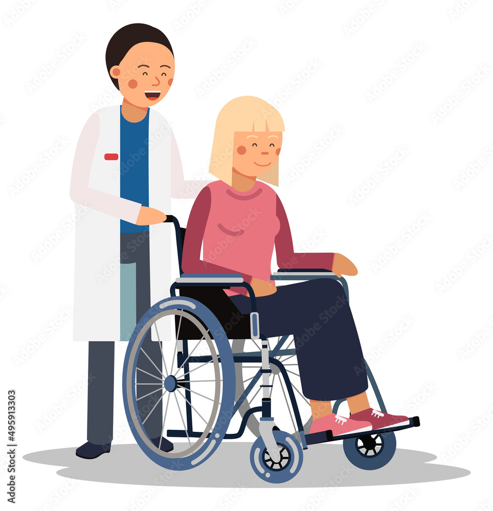 Doctor pushing wheelchair with patient. Medical help Doctor pushing wheelchair with patient. Medical help